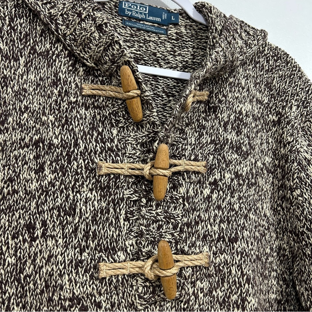VTG 90s Polo Ralph Lauren 100% Cotton Brown Knit Fisherman Toggle Sweater Sz L - Picture 3 of 11